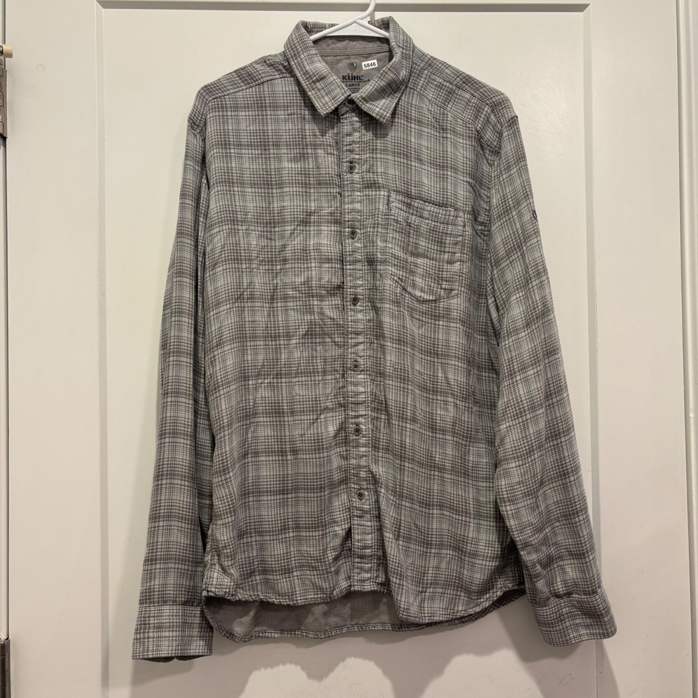 Kuhl Mens Large Grey Plaid Long Sleeve Button Down Flannel Shirt Outdoor Casual